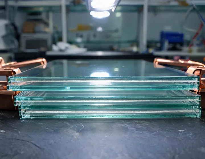 Laminated glass stack with PVB interlayer under optical inspection